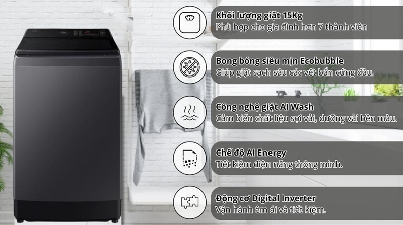 Máy giặt Samsung Inverter 15 kg WA80F15S5CSV 2025 - THÁI LAN