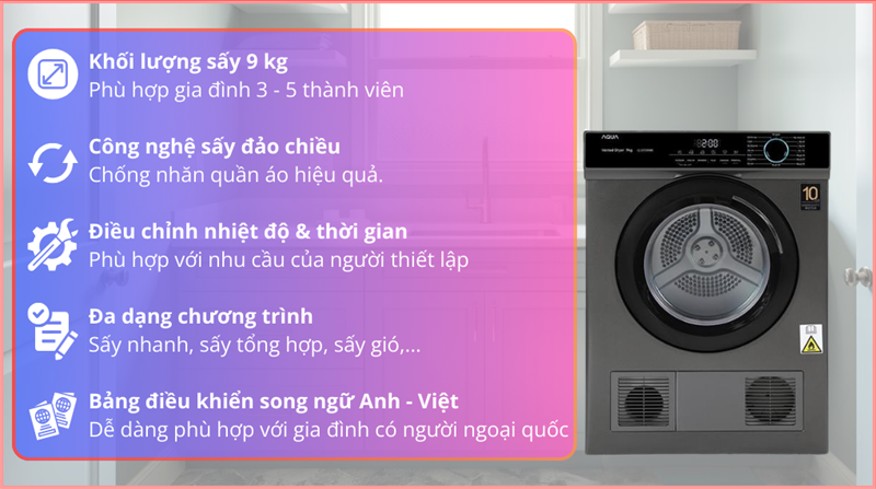 Máy sấy thông hơi Aqua 9 kg AQH-V901K PS (RS.5T5)