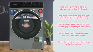 Máy giặt sấy Panasonic Inverter 9 kg NA-V90FR1BVT (sấy 2 kg) - Việt Nam