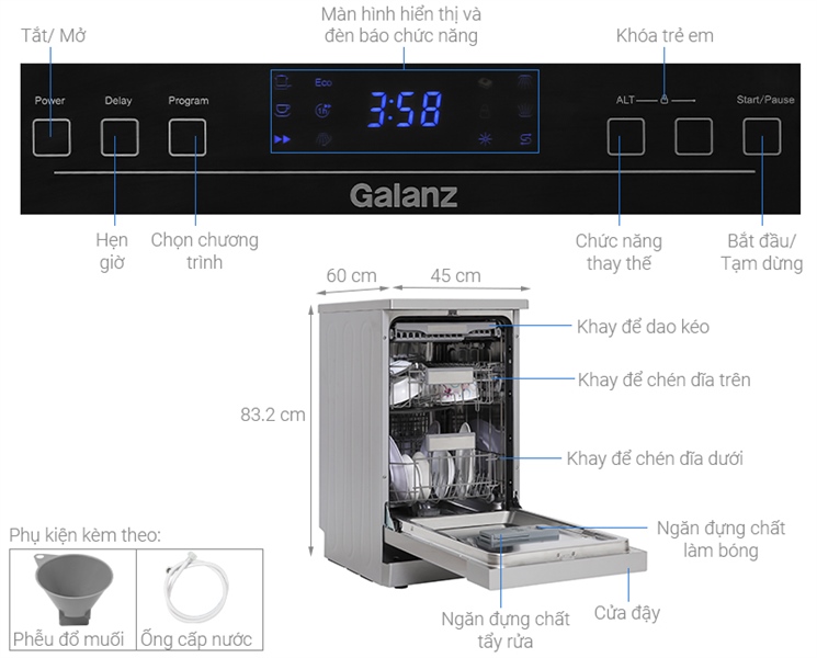 Máy rửa chén độc lập Galanz W45A3A401M-0E1 (Điều khiển Cảm ứng) - Ảnh 5