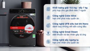 Máy giặt sấy Toshiba Inverter giặt 10,5 kg - sấy 7 kg TWD-T25BZU115MWV(MG) 2024