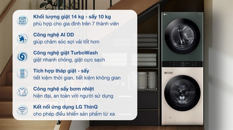 Tháp giặt sấy LG WashTower Inverter giặt 14 kg - sấy 10 kg WT1410NHEG 2024 (625.31T5;644.30T)