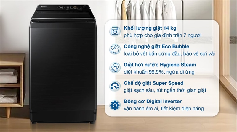 Máy giặt Samsung Inverter 14 kg WA14CG5886BVSV tổng thể
