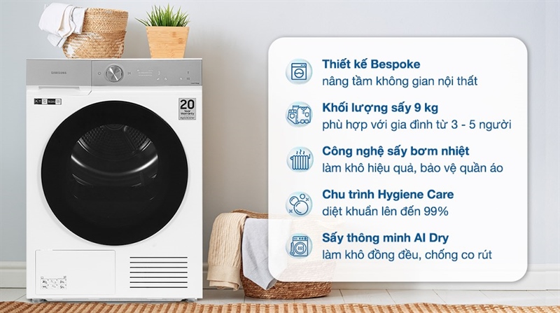 Máy sấy bơm nhiệt Samsung Bespoke AI 9 kg DV90BB9440GH/SV