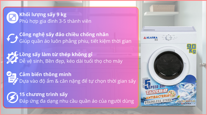 Máy sấy thông hơi chống nhăn Alaska 9 kg MS-95