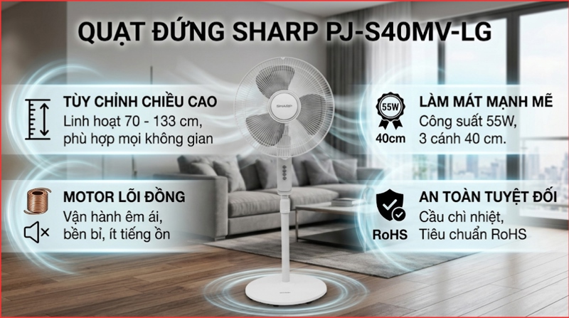 Quạt đứng Sharp 3 cánh PJ-S40MV-LG 55W - Việt Nam