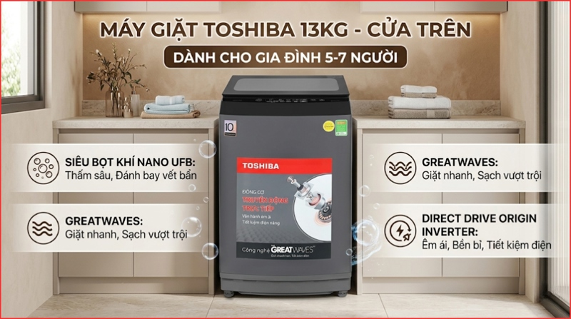 Máy giặt Toshiba Inverter 13 kg AW-DM1400LV(MK) - Thiết kế sang trọng, hiện đại
