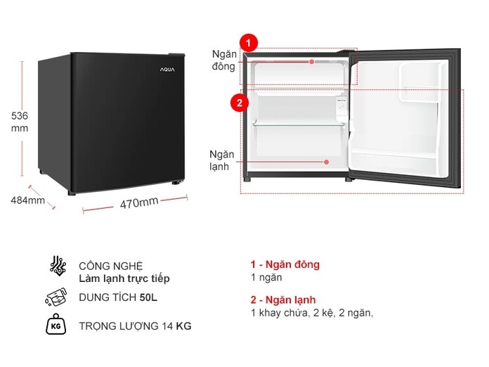 Tủ lạnh Aqua 50 lít AQR-D60FA(BS) 2024 - Tiết kiệm điện năng tối ưu bảo vệ môi trường sống xanh