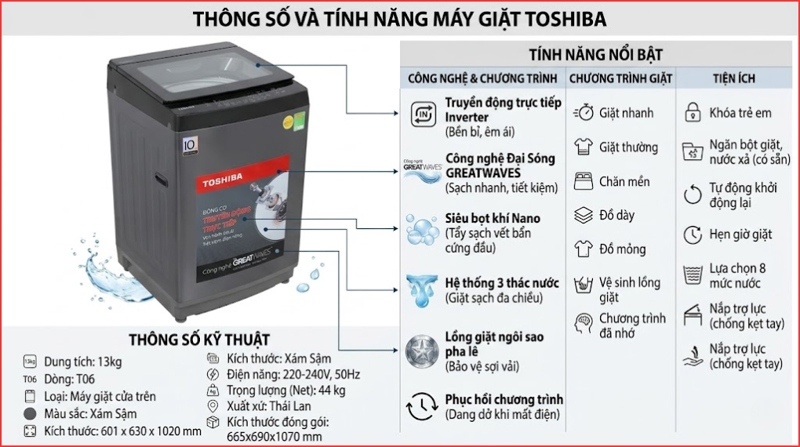 Toshiba 13kg AW-DM1400LV(MK) - Sự lựa chọn hoàn hảo cho gia đình đông người