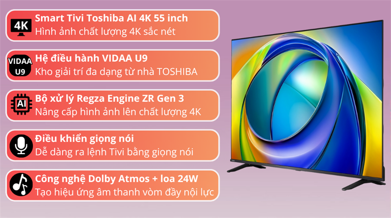 Smart Tivi Toshiba AI 4K 50 Inch 50C350RP 2025 - Công nghệ hình ảnh thông minh AI